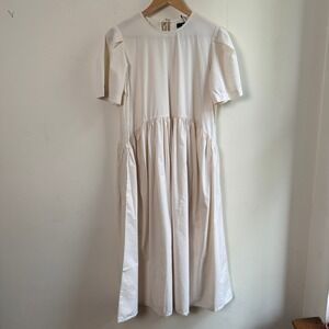 Toit Volant Babydoll Puff Sleeve Midi Dress Cream Off White Small NWT